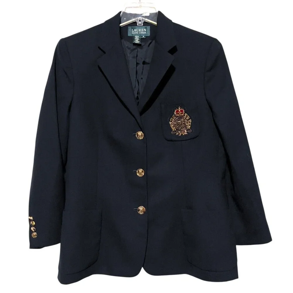 Vintage Lauren Ralph Lauren  Blazer 14 Gold Crown Crest Rugby Preppy 100% Wool - Picture 2 of 10